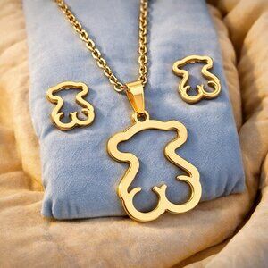 18K Gold Plated Bear Necklace Earrings Set Stainless Steel Hypoallergenic Cute